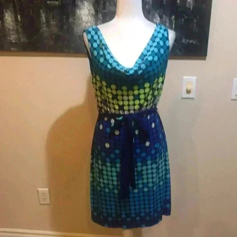 Peck & Peck Polka Dot Fully Lined Sheath Dress with Draped Neckline Tie Waist-M